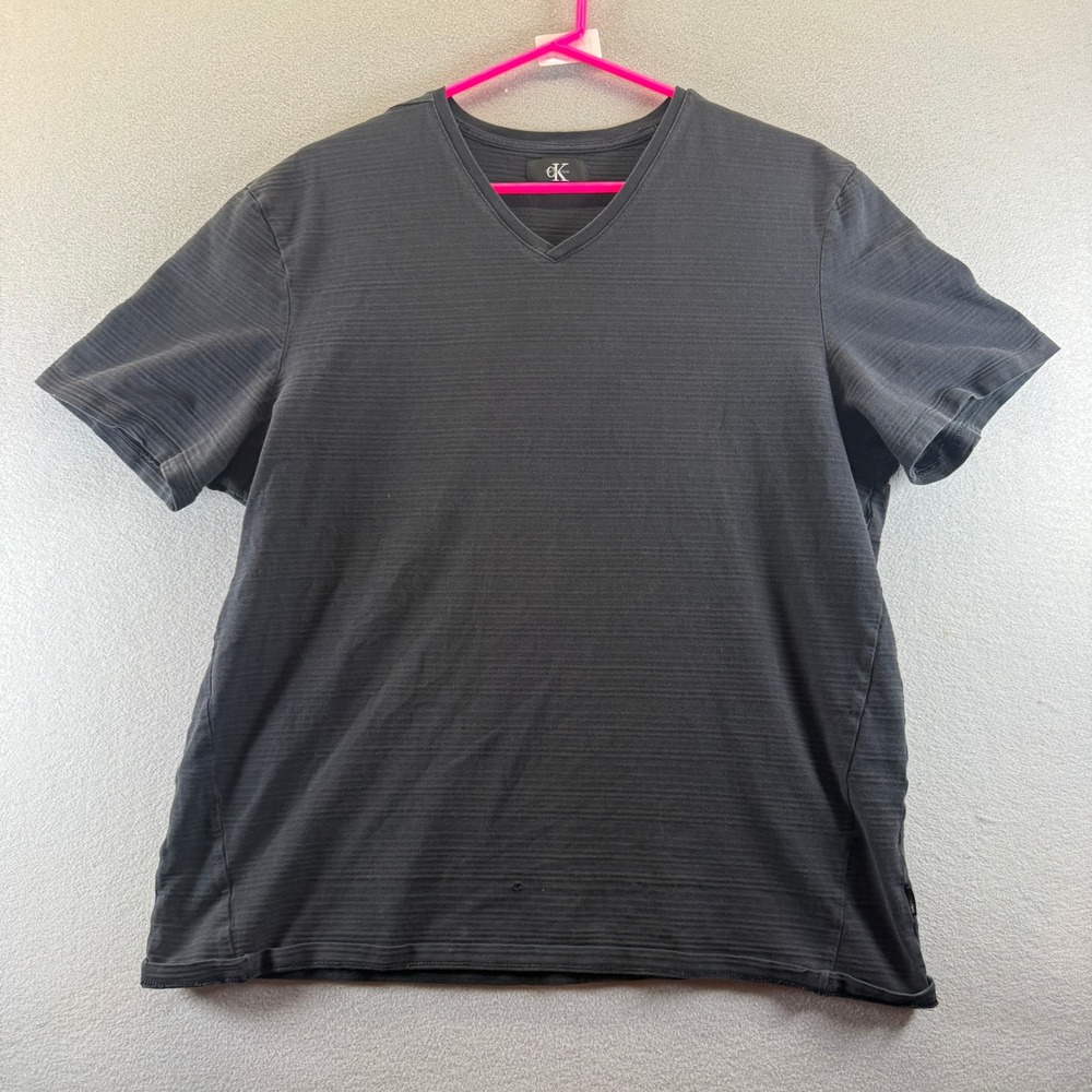 Calvin Klein Mens V-Neck T-Shirt Large Black Slub Cotton Short Sleeve
